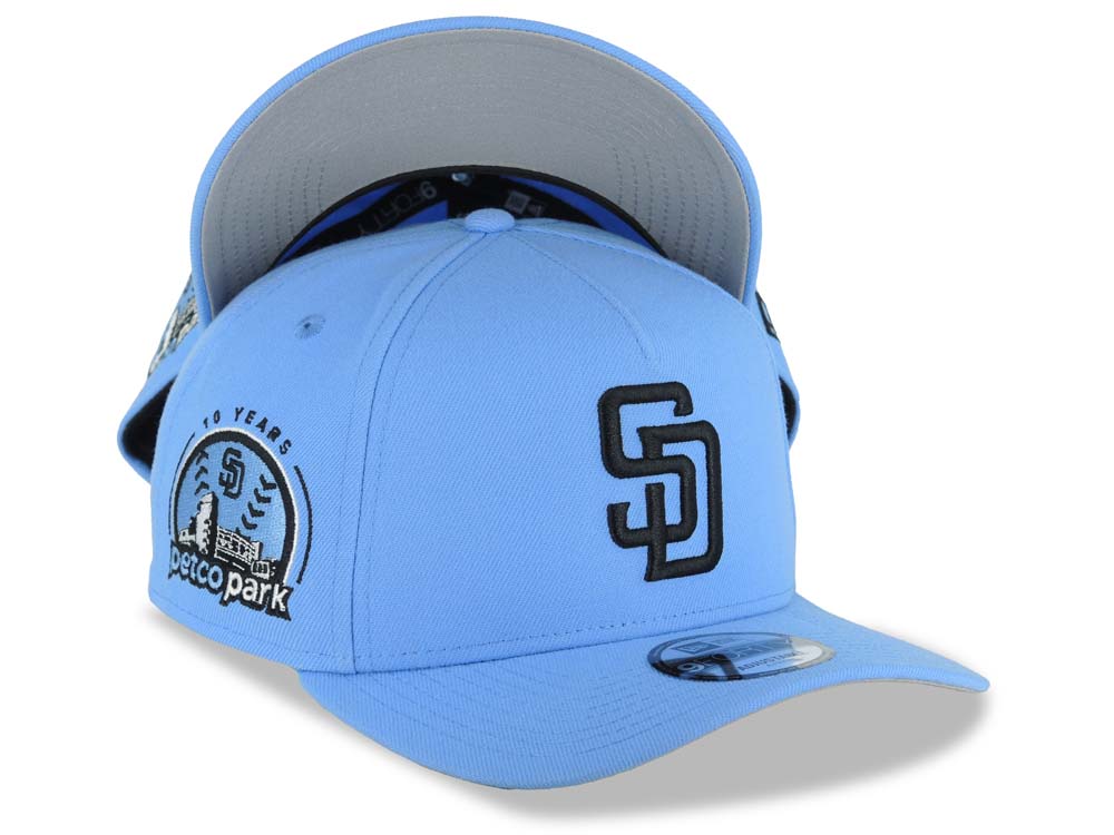 San Diego Padres New Era MLB 9FORTY 940 Adjustable A-Frame Cap Hat Sky Blue Crown/Visor Black Logo 10 Years Petco Park Side Patch Gray UV