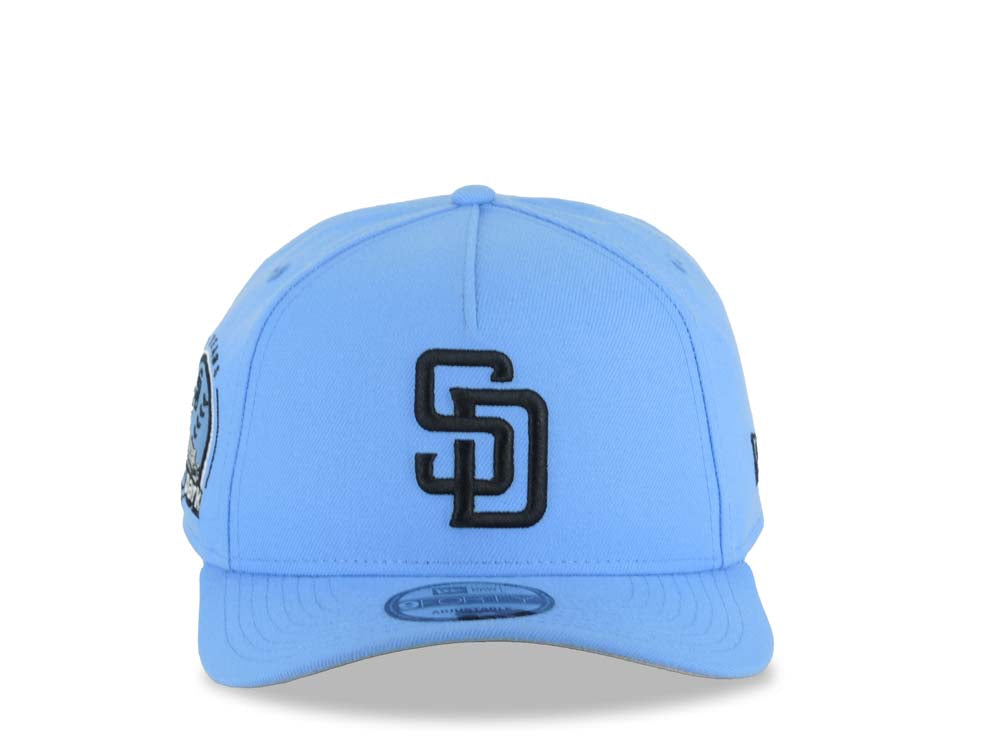 San Diego Padres New Era MLB 9FORTY 940 Adjustable A-Frame Cap Hat Sky Blue Crown/Visor Black Logo 10 Years Petco Park Side Patch Gray UV
