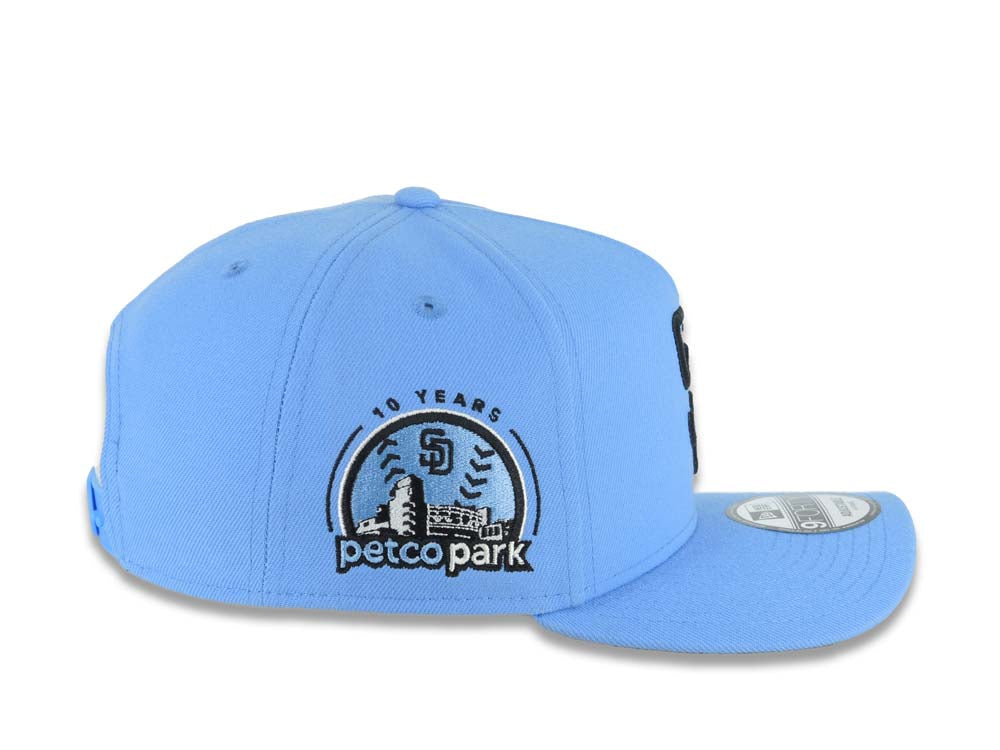 San Diego Padres New Era MLB 9FORTY 940 Adjustable A-Frame Cap Hat Sky Blue Crown/Visor Black Logo 10 Years Petco Park Side Patch Gray UV