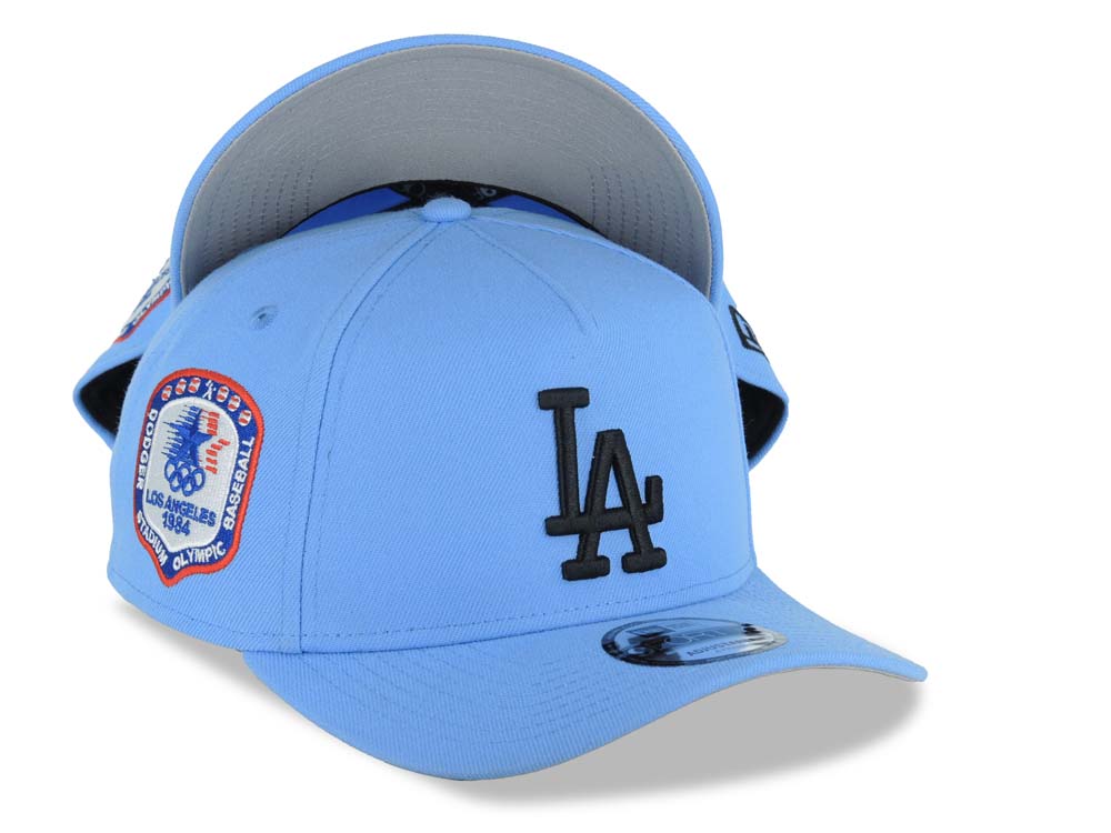 Los Angeles Dodgers New Era MLB 9FORTY 940 Adjustable A-Frame Cap Hat Sky Blue Crown/Visor Black Logo 1984 Stadium Side Patch Gray UV