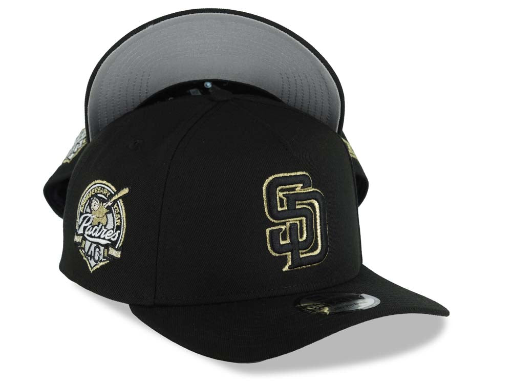 San Diego Padres New Era MLB 9FORTY 940 Adjustable A-Frame Cap Hat Black Crown/Visor Black/Metallic Gold Logo 40th Anniversary Side Patch Gray UV