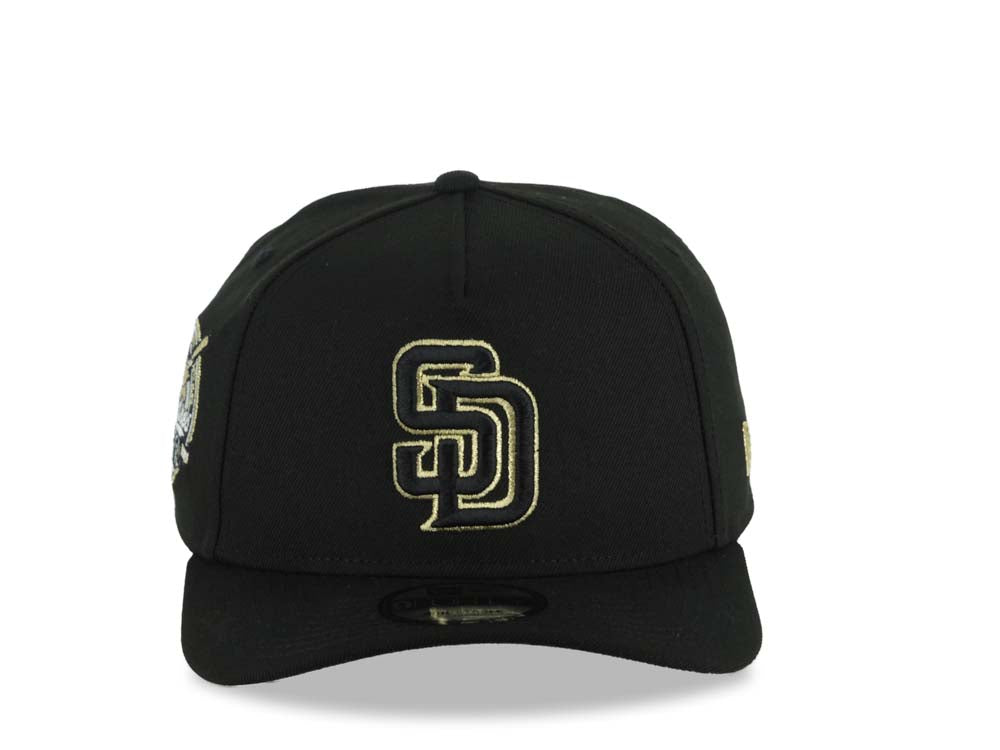 San Diego Padres New Era MLB 9FORTY 940 Adjustable A-Frame Cap Hat Black Crown/Visor Black/Metallic Gold Logo 40th Anniversary Side Patch Gray UV