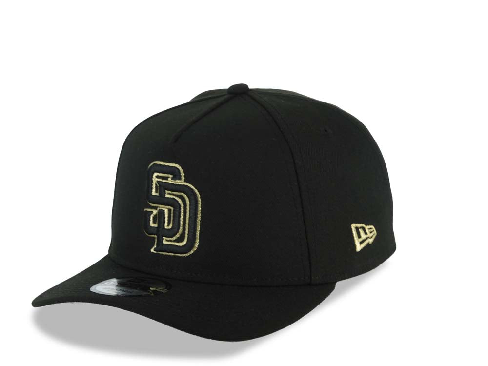 San Diego Padres New Era MLB 9FORTY 940 Adjustable A-Frame Cap Hat Black Crown/Visor Black/Metallic Gold Logo 40th Anniversary Side Patch Gray UV