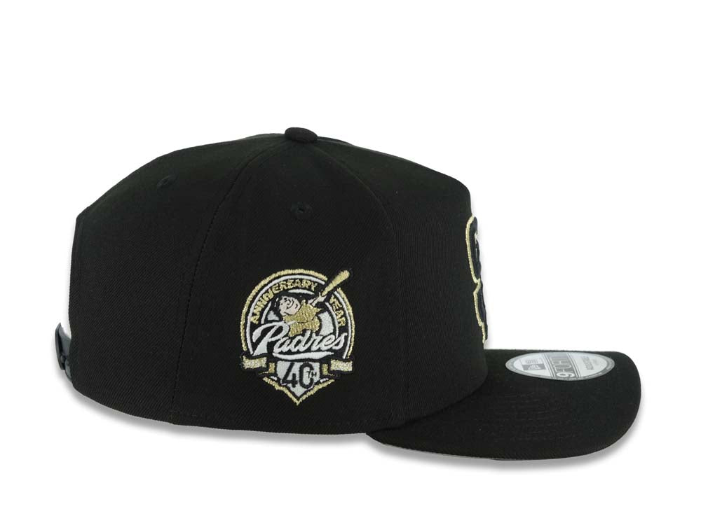 San Diego Padres New Era MLB 9FORTY 940 Adjustable A-Frame Cap Hat Black Crown/Visor Black/Metallic Gold Logo 40th Anniversary Side Patch Gray UV