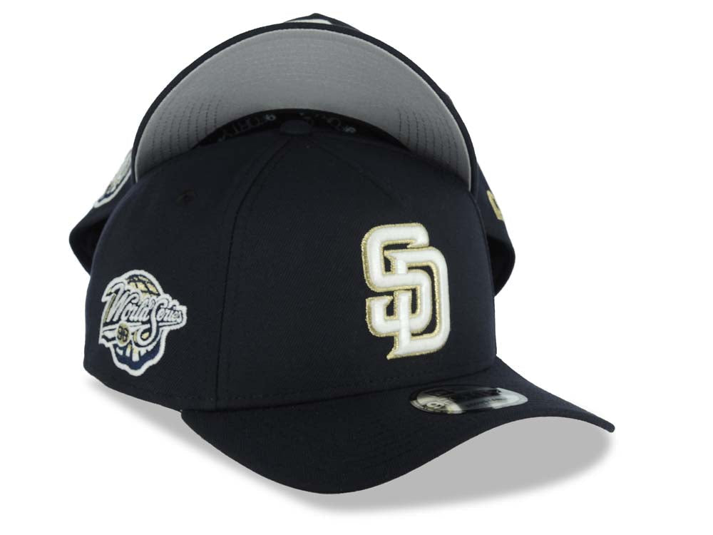 San Diego Padres New Era MLB 9FORTY 940 Adjustable A-Frame Cap Hat Navy Blue Crown/Visor Glow White/Metallic Gold Logo 1998 World Series Side Patch Gray UV