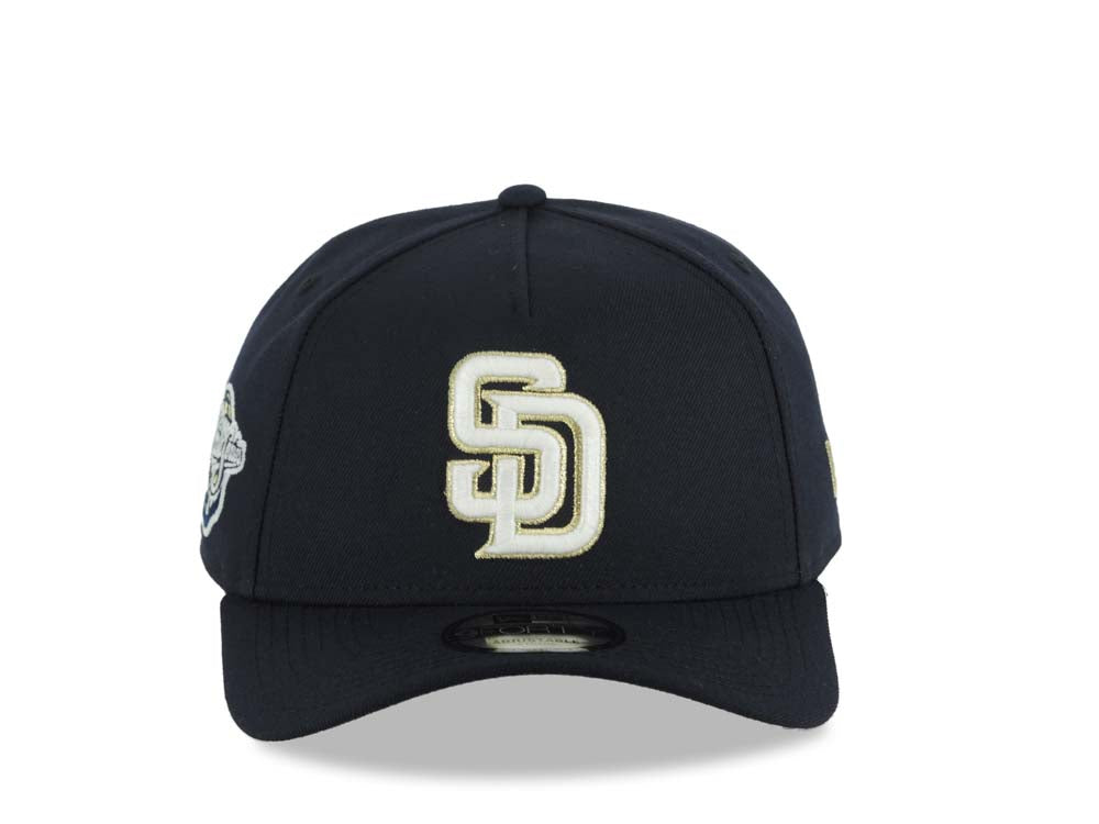 San Diego Padres New Era MLB 9FORTY 940 Adjustable A-Frame Cap Hat Navy Blue Crown/Visor Glow White/Metallic Gold Logo 1998 World Series Side Patch Gray UV
