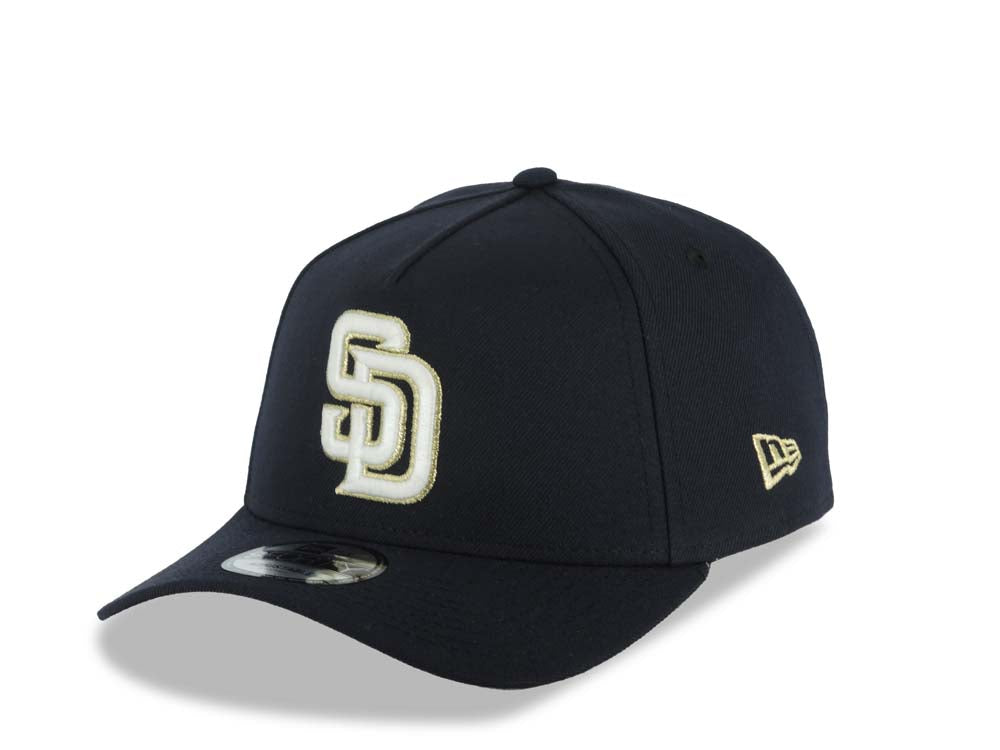 San Diego Padres New Era MLB 9FORTY 940 Adjustable A-Frame Cap Hat Navy Blue Crown/Visor Glow White/Metallic Gold Logo 1998 World Series Side Patch Gray UV