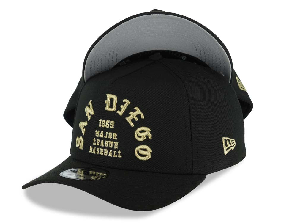 San Diego Padres New Era MLB 9FORTY 940 Adjustable A-Frame Cap Hat Black Crown/Visor Metallic Gold Text Logo 1969 Major League Baseball Gray UV