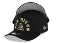 San Diego Padres New Era MLB 9FORTY 940 Adjustable A-Frame Cap Hat Black Crown/Visor Metallic Gold Text Logo 1969 Major League Baseball Gray UV