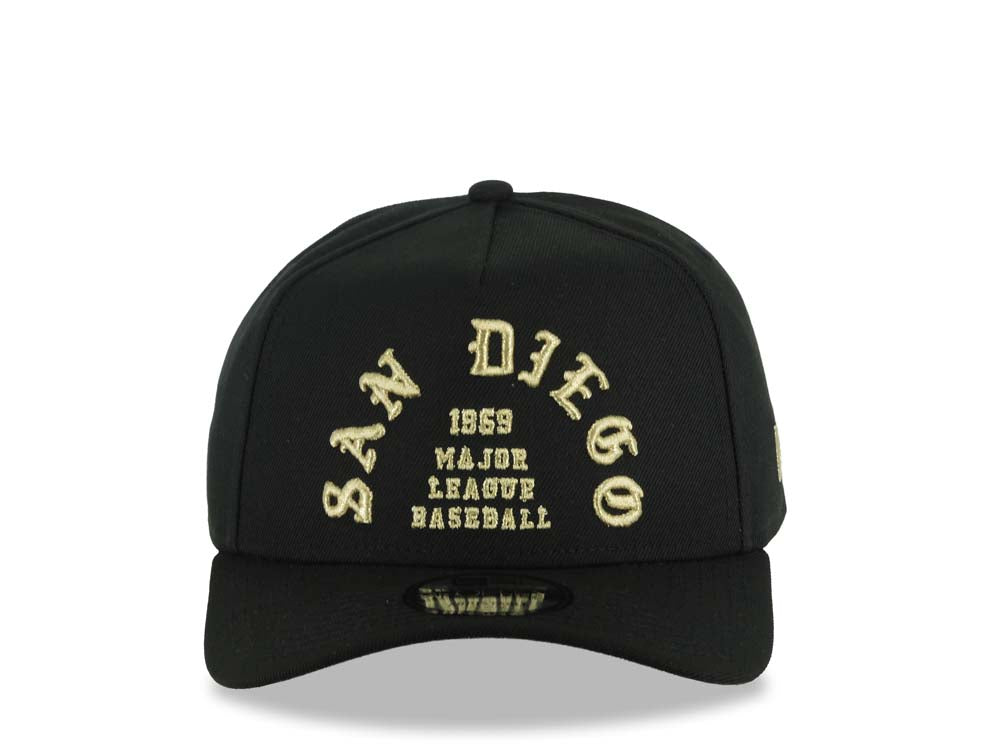 San Diego Padres New Era MLB 9FORTY 940 Adjustable A-Frame Cap Hat Black Crown/Visor Metallic Gold Text Logo 1969 Major League Baseball Gray UV