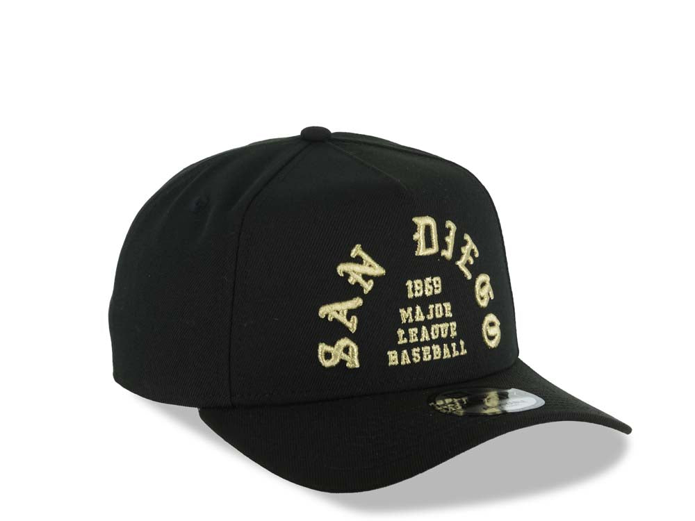 San Diego Padres New Era MLB 9FORTY 940 Adjustable A-Frame Cap Hat Black Crown/Visor Metallic Gold Text Logo 1969 Major League Baseball Gray UV