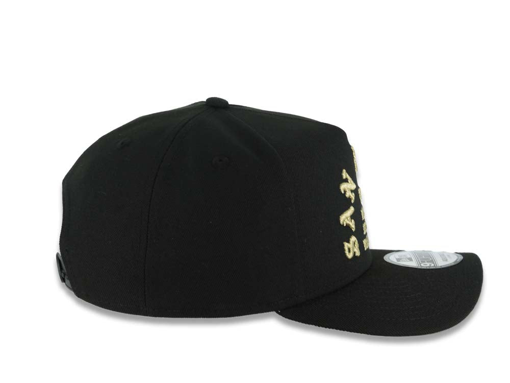 San Diego Padres New Era MLB 9FORTY 940 Adjustable A-Frame Cap Hat Black Crown/Visor Metallic Gold Text Logo 1969 Major League Baseball Gray UV