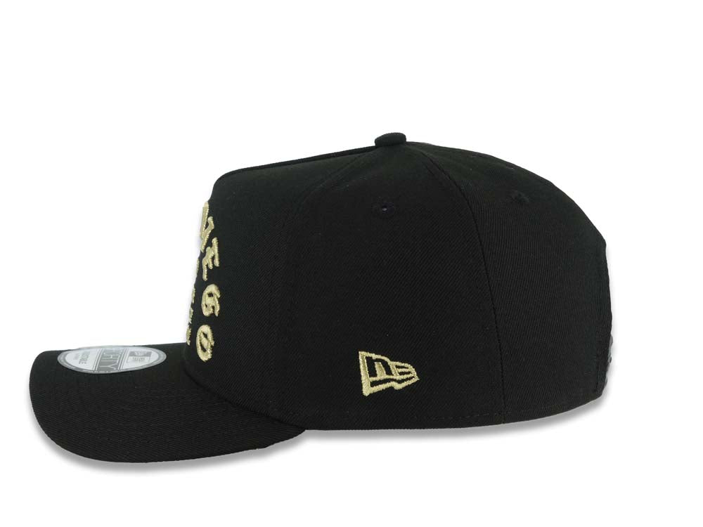 San Diego Padres New Era MLB 9FORTY 940 Adjustable A-Frame Cap Hat Black Crown/Visor Metallic Gold Text Logo 1969 Major League Baseball Gray UV