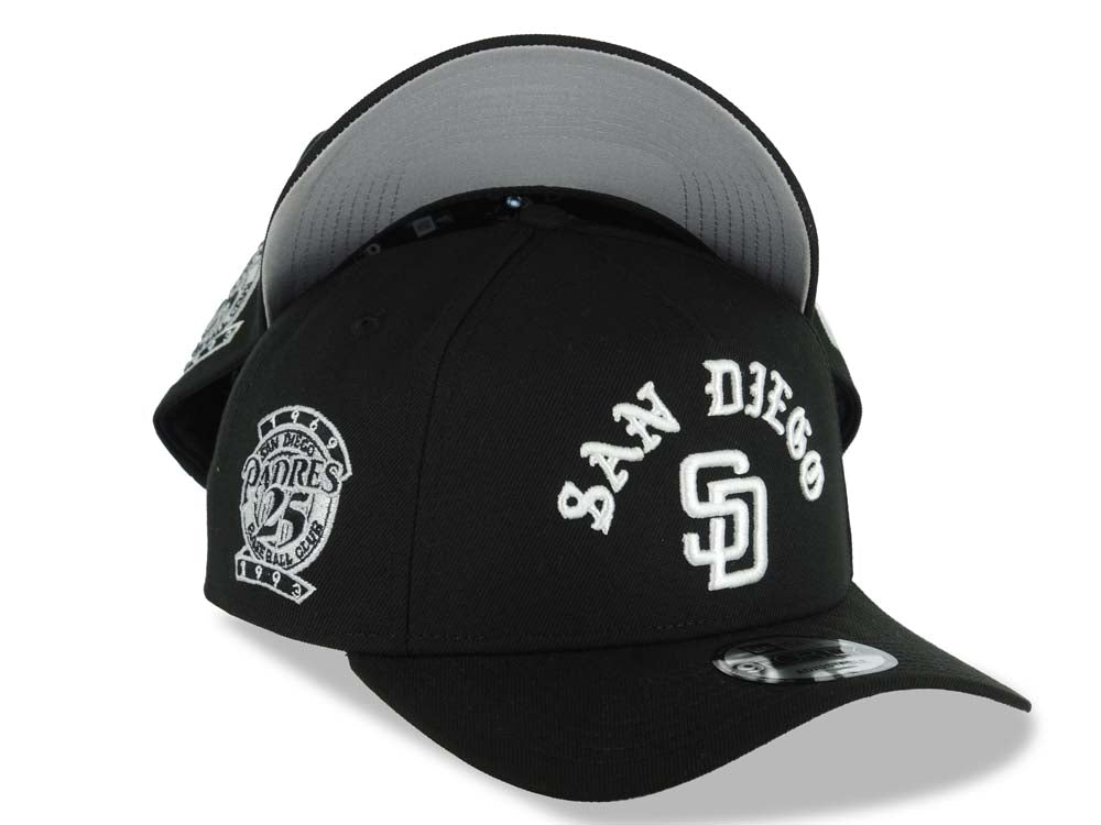 San Diego Padres New Era MLB 9FORTY 940 Adjustable A-Frame Cap Hat Black Crown/Visor White With Text/Script Logo 25th Anniversary Side Patch Gray UV