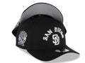 San Diego Padres New Era MLB 9FORTY 940 Adjustable A-Frame Cap Hat Black Crown/Visor White With Text/Script Logo 25th Anniversary Side Patch Gray UV