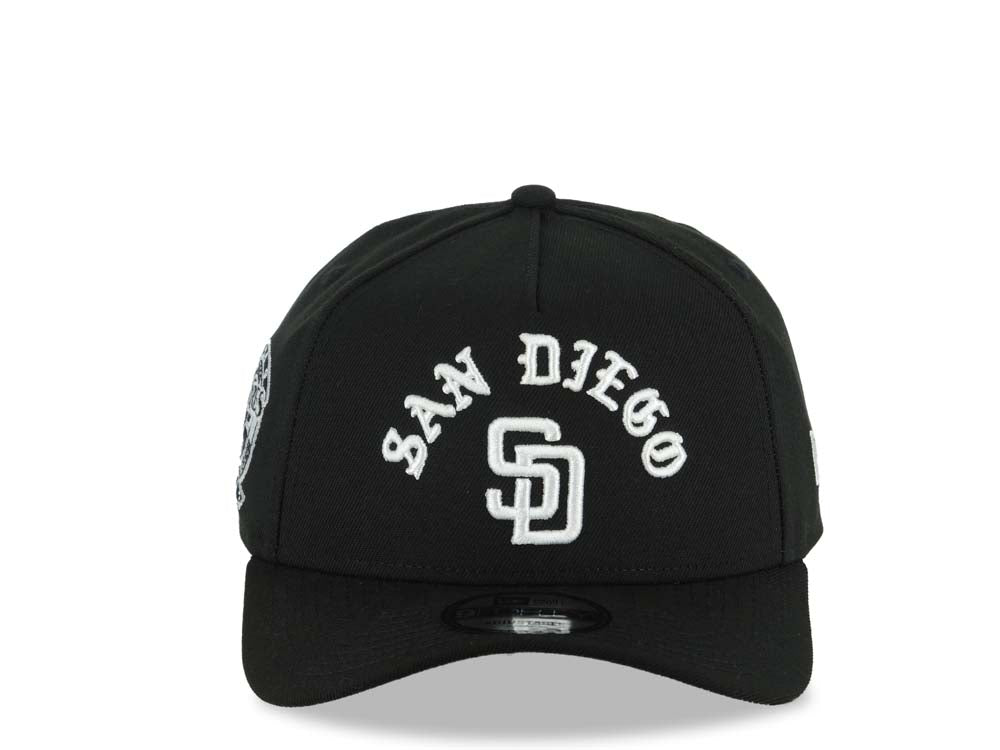 San Diego Padres New Era MLB 9FORTY 940 Adjustable A-Frame Cap Hat Black Crown/Visor White With Text/Script Logo 25th Anniversary Side Patch Gray UV