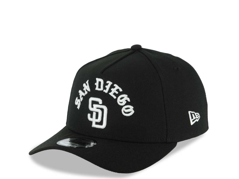 San Diego Padres New Era MLB 9FORTY 940 Adjustable A-Frame Cap Hat Black Crown/Visor White With Text/Script Logo 25th Anniversary Side Patch Gray UV