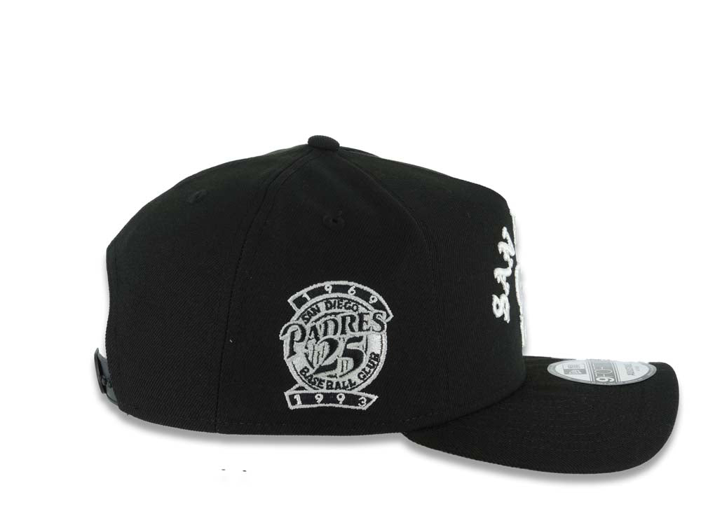 San Diego Padres New Era MLB 9FORTY 940 Adjustable A-Frame Cap Hat Black Crown/Visor White With Text/Script Logo 25th Anniversary Side Patch Gray UV
