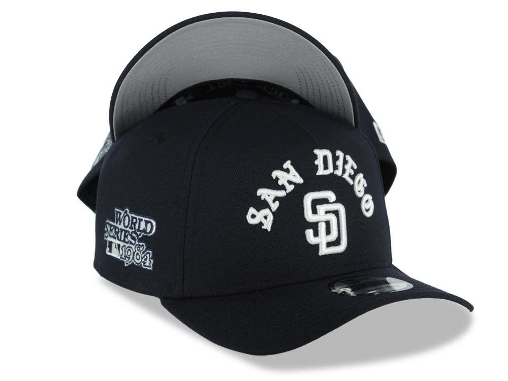 San Diego Padres New Era MLB 9FORTY 940 Adjustable A-Frame Cap Hat Navy Blue Crown/Visor White With Text/Script Logo 1984 World Series Side Patch Gray UV