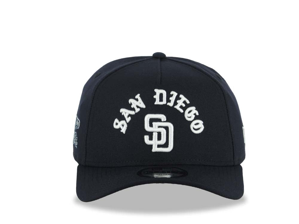 San Diego Padres New Era MLB 9FORTY 940 Adjustable A-Frame Cap Hat Navy Blue Crown/Visor White With Text/Script Logo 1984 World Series Side Patch Gray UV