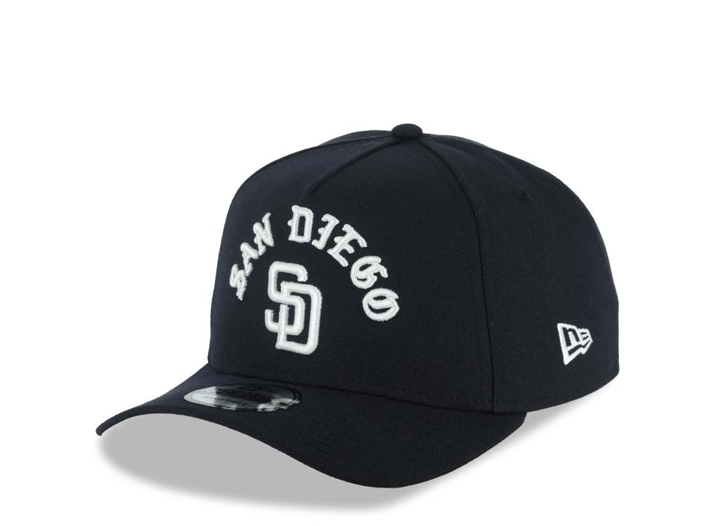 San Diego Padres New Era MLB 9FORTY 940 Adjustable A-Frame Cap Hat Navy Blue Crown/Visor White With Text/Script Logo 1984 World Series Side Patch Gray UV