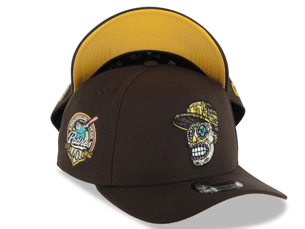 San Diego Padres New Era MLB 9FORTY 940 Adjustable A-Frame Cap Hat Dark Brown Crown/Visor Team Color Sugar Skull Logo 40th Anniversary Side Patch Yellow UV