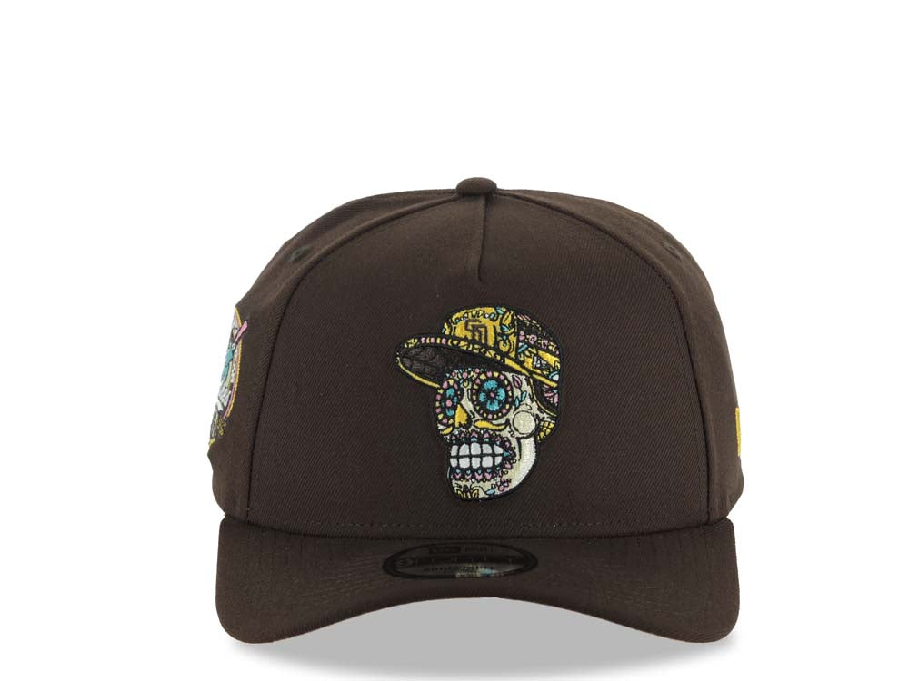 San Diego Padres New Era MLB 9FORTY 940 Adjustable A-Frame Cap Hat Dark Brown Crown/Visor Team Color Sugar Skull Logo 40th Anniversary Side Patch Yellow UV