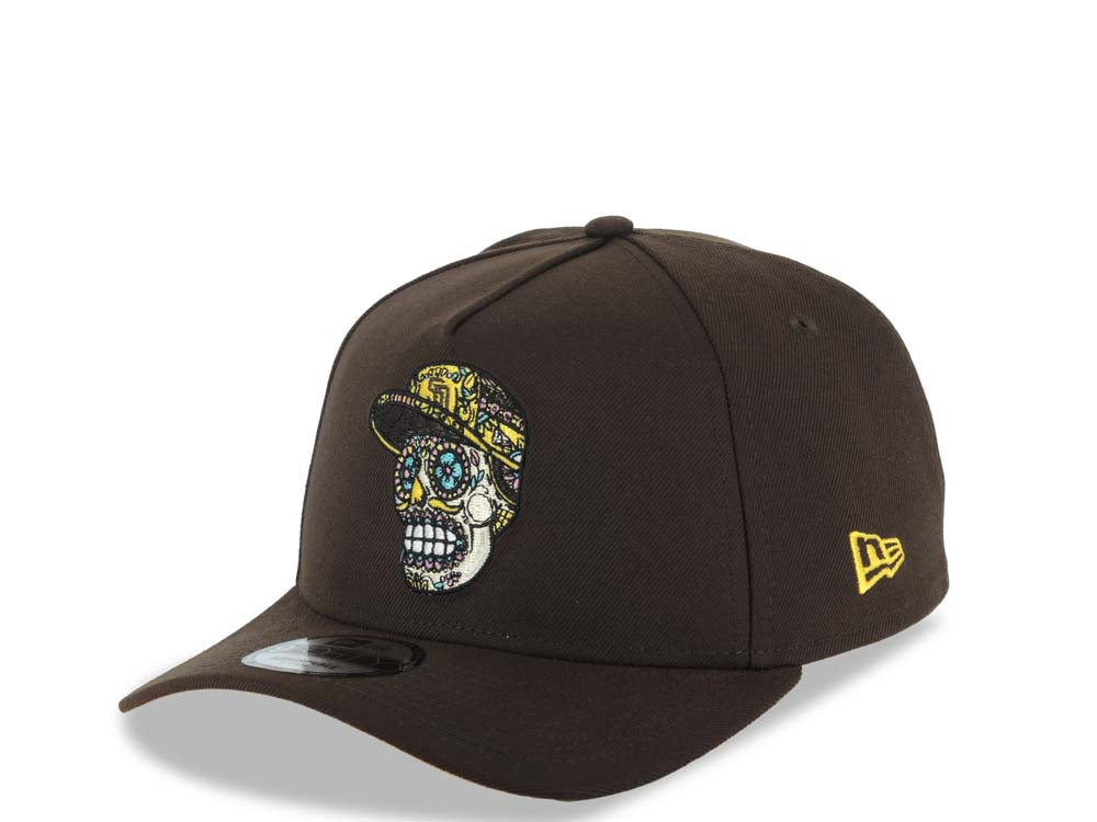 San Diego Padres New Era MLB 9FORTY 940 Adjustable A-Frame Cap Hat Dark Brown Crown/Visor Team Color Sugar Skull Logo 40th Anniversary Side Patch Yellow UV