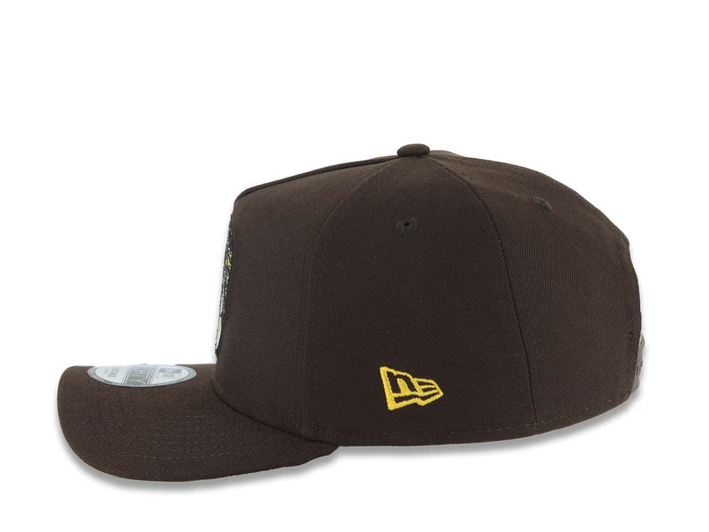 San Diego Padres New Era MLB 9FORTY 940 Adjustable A-Frame Cap Hat Dark Brown Crown/Visor Team Color Sugar Skull Logo 40th Anniversary Side Patch Yellow UV