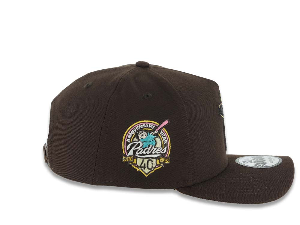 San Diego Padres New Era MLB 9FORTY 940 Adjustable A-Frame Cap Hat Dark Brown Crown/Visor Team Color Sugar Skull Logo 40th Anniversary Side Patch Yellow UV