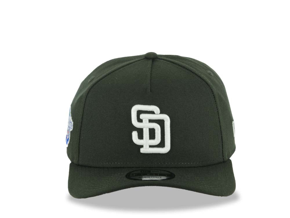 San Diego Padres New Era MLB 9FORTY 940 Adjustable A-Frame Cap Hat Dark Green Crown/Visor Glow White Logo 1998 World Series Side Patch Gray UV