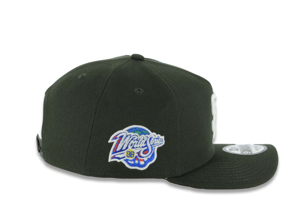 San Diego Padres New Era MLB 9FORTY 940 Adjustable A-Frame Cap Hat Dark Green Crown/Visor Glow White Logo 1998 World Series Side Patch Gray UV