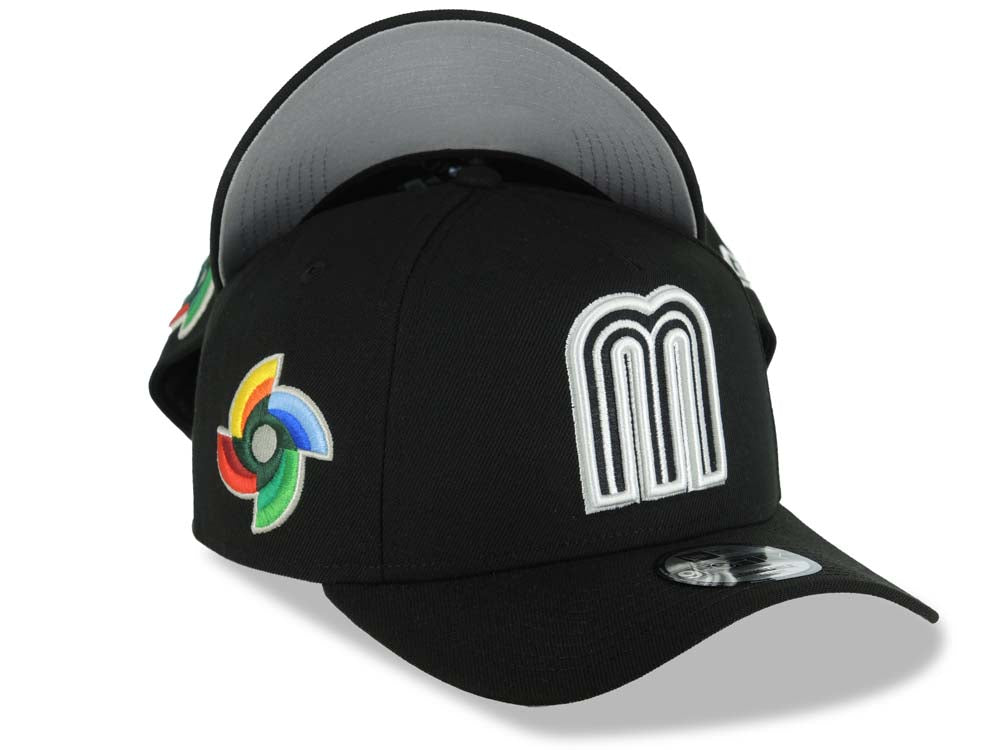 Mexico New Era WBC World Baseball Classic 9FORTY 940 Adjustable A-Frame Cap Hat Black Crown/Visor Black/White Logo Gray UV