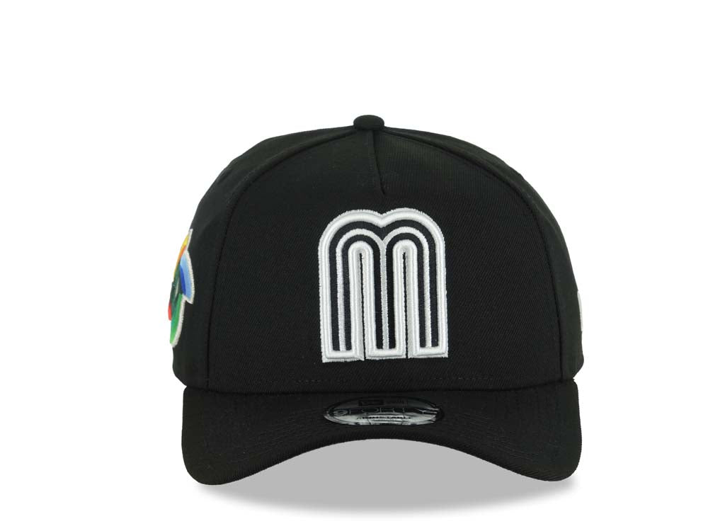 Mexico New Era WBC World Baseball Classic 9FORTY 940 Adjustable A-Frame Cap Hat Black Crown/Visor Black/White Logo Gray UV
