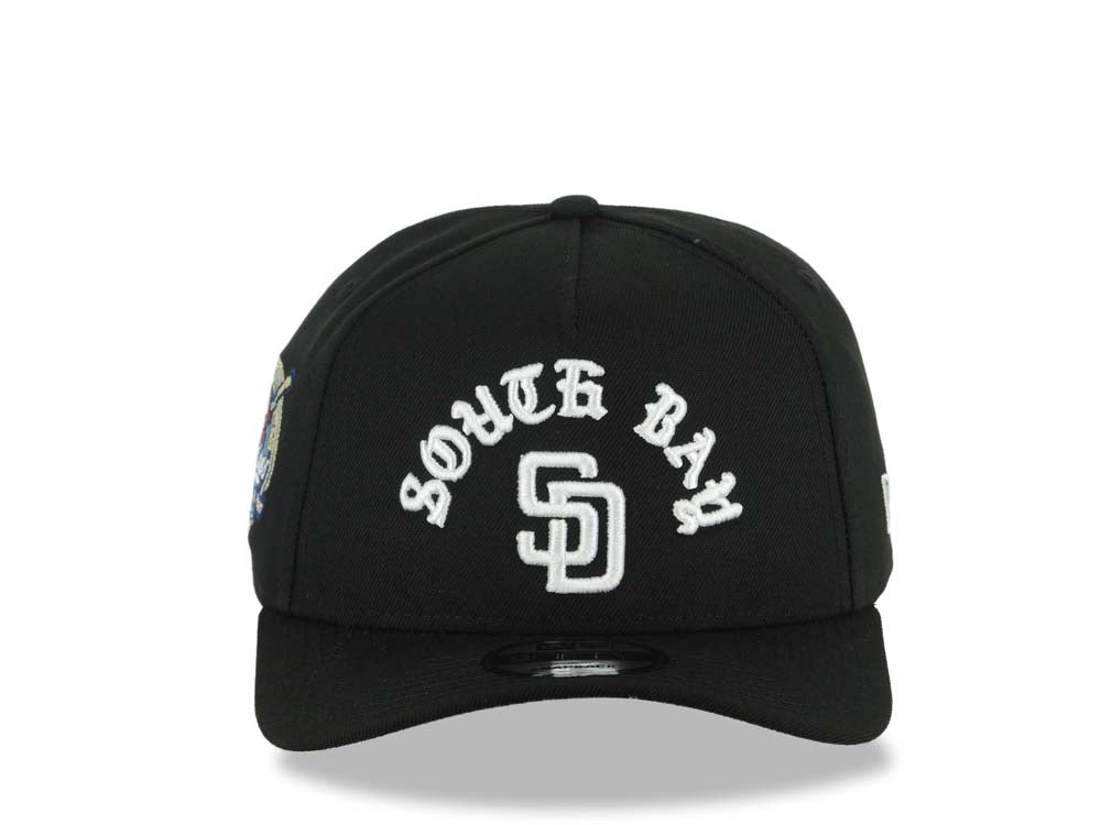 San Diego Padres New Era MLB 9FORTY 940 Adjustable A-Frame  Cap Hat Black Crown/Visor White Logo With South Bay Text/Script 40th Anniversary Side Patch Gray UV