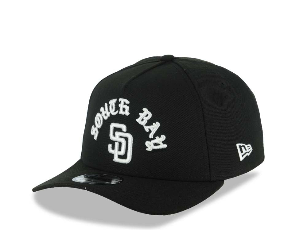 San Diego Padres New Era MLB 9FORTY 940 Adjustable A-Frame  Cap Hat Black Crown/Visor White Logo With South Bay Text/Script 40th Anniversary Side Patch Gray UV