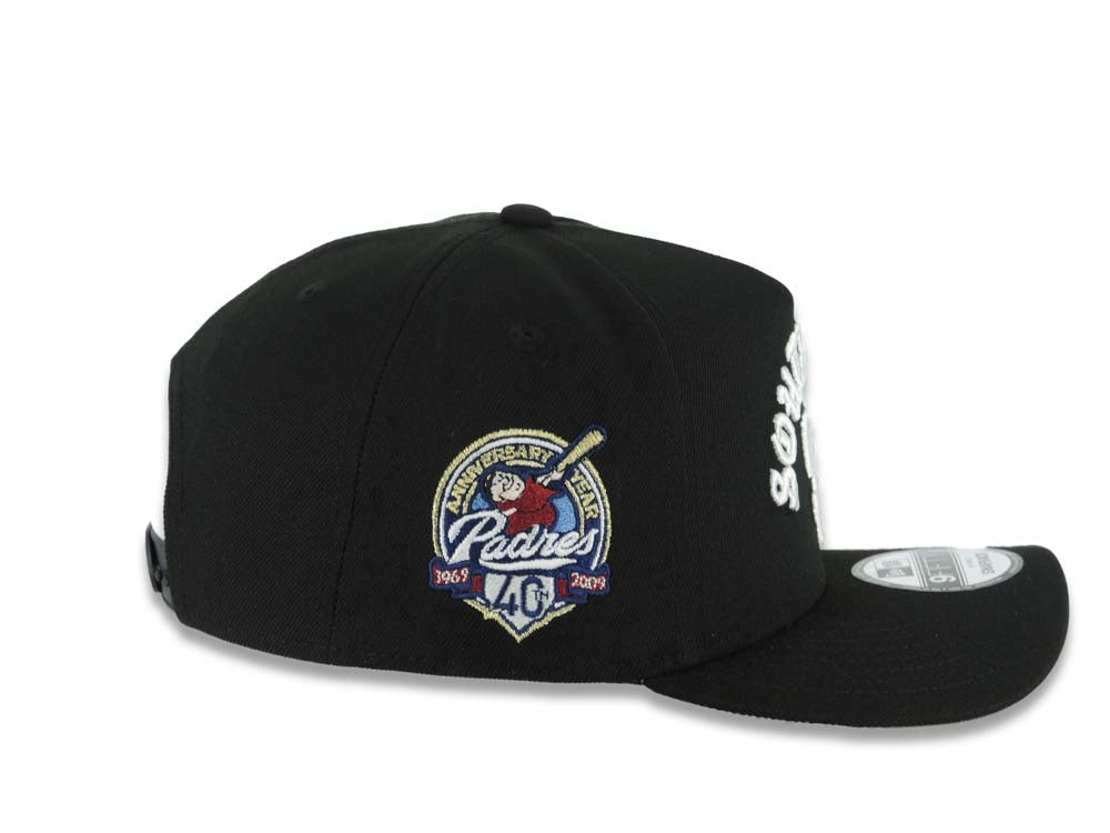 San Diego Padres New Era MLB 9FORTY 940 Adjustable A-Frame  Cap Hat Black Crown/Visor White Logo With South Bay Text/Script 40th Anniversary Side Patch Gray UV