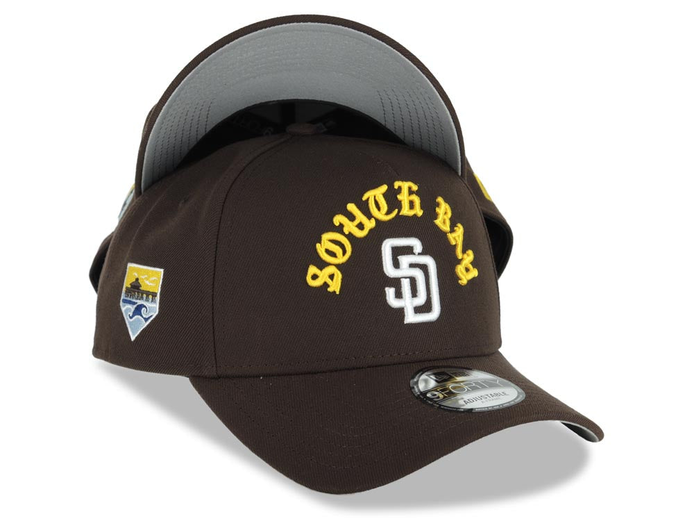 San Diego Padres New Era MLB 9FORTY 940 Adjustable A-Frame Cap Hat Brown Crown/Visor White Logo Yellow South Bay Script/Text South Bay Pier Side Patch