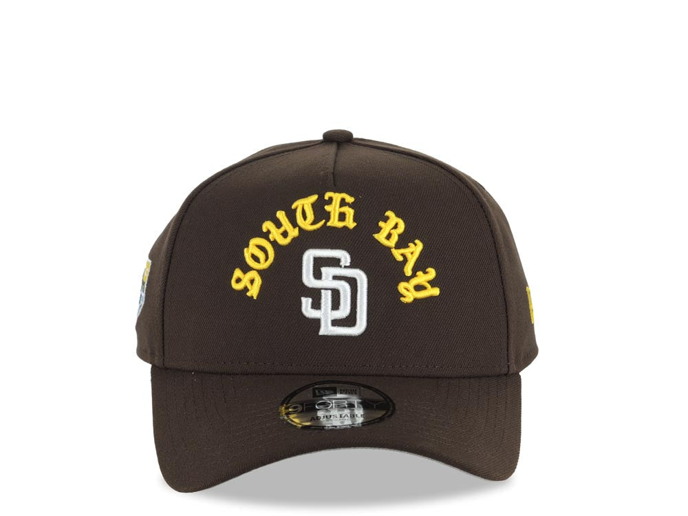 San Diego Padres New Era MLB 9FORTY 940 Adjustable A-Frame Cap Hat Brown Crown/Visor White Logo Yellow South Bay Script/Text South Bay Pier Side Patch