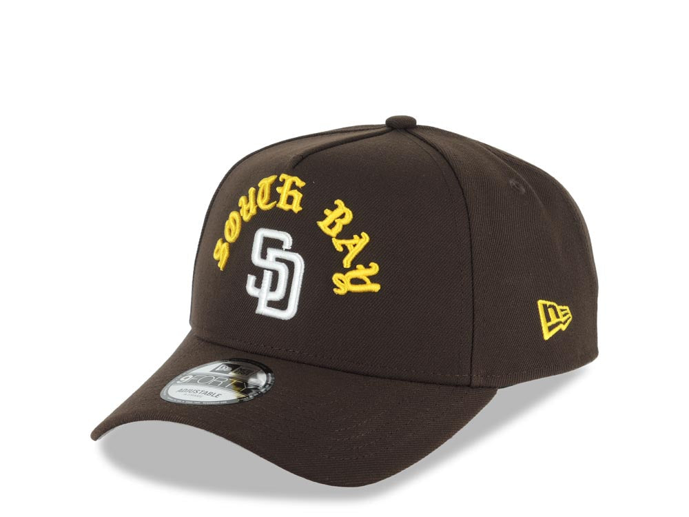 San Diego Padres New Era MLB 9FORTY 940 Adjustable A-Frame Cap Hat Brown Crown/Visor White Logo Yellow South Bay Script/Text South Bay Pier Side Patch