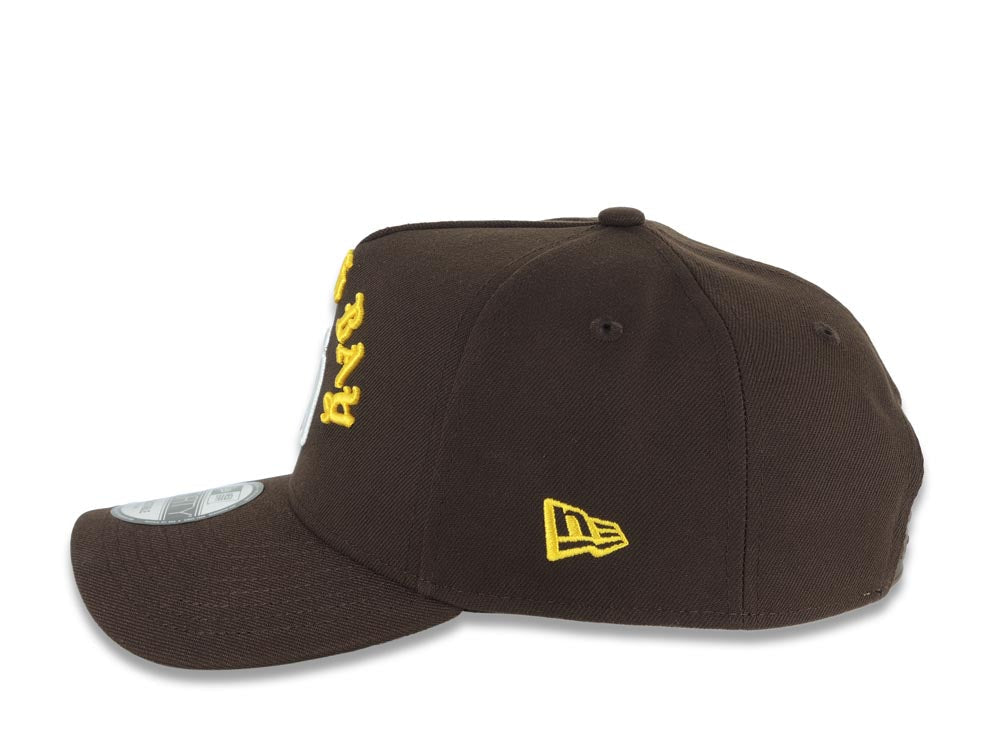 San Diego Padres New Era MLB 9FORTY 940 Adjustable A-Frame Cap Hat Brown Crown/Visor White Logo Yellow South Bay Script/Text South Bay Pier Side Patch