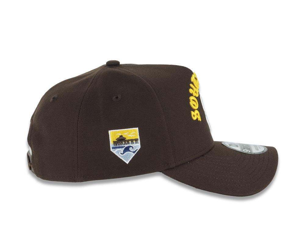 San Diego Padres New Era MLB 9FORTY 940 Adjustable A-Frame Cap Hat Brown Crown/Visor White Logo Yellow South Bay Script/Text South Bay Pier Side Patch