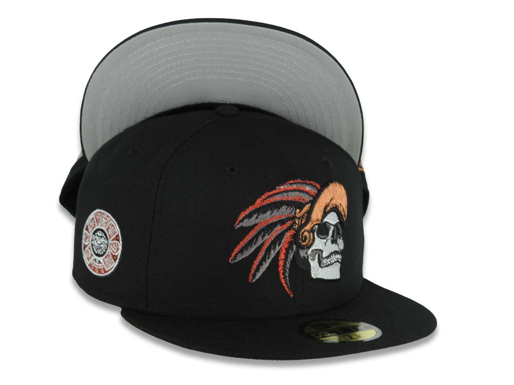 Mexico New Era 59FIFTY 5950 Fitted Cap Hat Black Crown/Visor White/Metallic Bronze/Red Skull Logo Aztec Calendar Side Patch Gray UV