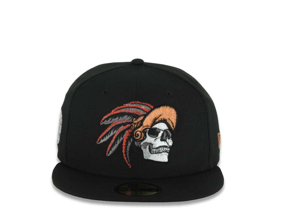Mexico New Era 59FIFTY 5950 Fitted Cap Hat Black Crown/Visor White/Metallic Bronze/Red Skull Logo Aztec Calendar Side Patch Gray UV