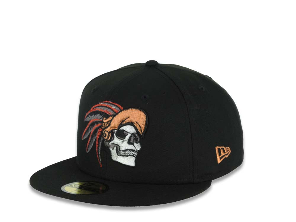 Mexico New Era 59FIFTY 5950 Fitted Cap Hat Black Crown/Visor White/Metallic Bronze/Red Skull Logo Aztec Calendar Side Patch Gray UV