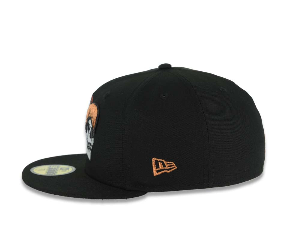 Mexico New Era 59FIFTY 5950 Fitted Cap Hat Black Crown/Visor White/Metallic Bronze/Red Skull Logo Aztec Calendar Side Patch Gray UV