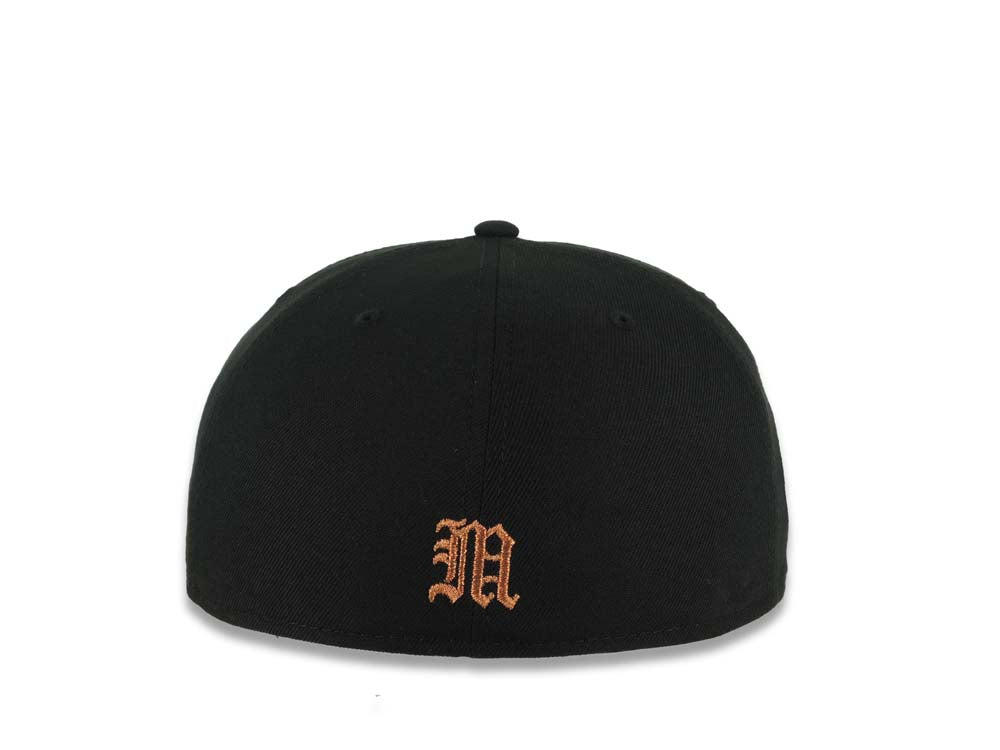 Mexico New Era 59FIFTY 5950 Fitted Cap Hat Black Crown/Visor White/Metallic Bronze/Red Skull Logo Aztec Calendar Side Patch Gray UV