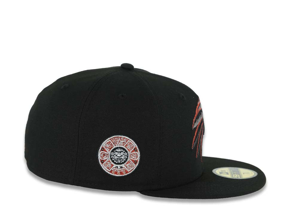 Mexico New Era 59FIFTY 5950 Fitted Cap Hat Black Crown/Visor White/Metallic Bronze/Red Skull Logo Aztec Calendar Side Patch Gray UV