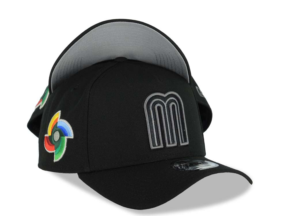 Mexico New Era WBC World Baseball Classic 9FORTY 940 Adjustable A-Frame Cap Hat Black Crown/Visor Black/Dark Gray Logo WBC Side Patch Gray UV