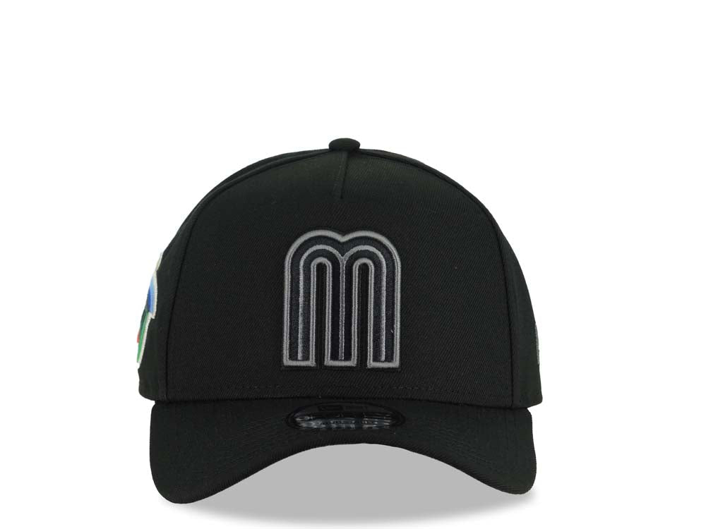 Mexico New Era WBC World Baseball Classic 9FORTY 940 Adjustable A-Frame Cap Hat Black Crown/Visor Black/Dark Gray Logo WBC Side Patch Gray UV